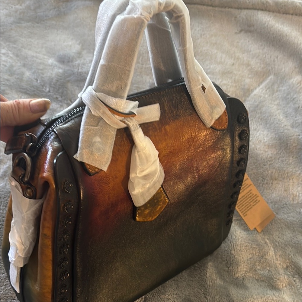 Gold and Brown Structured Leather Satchel
